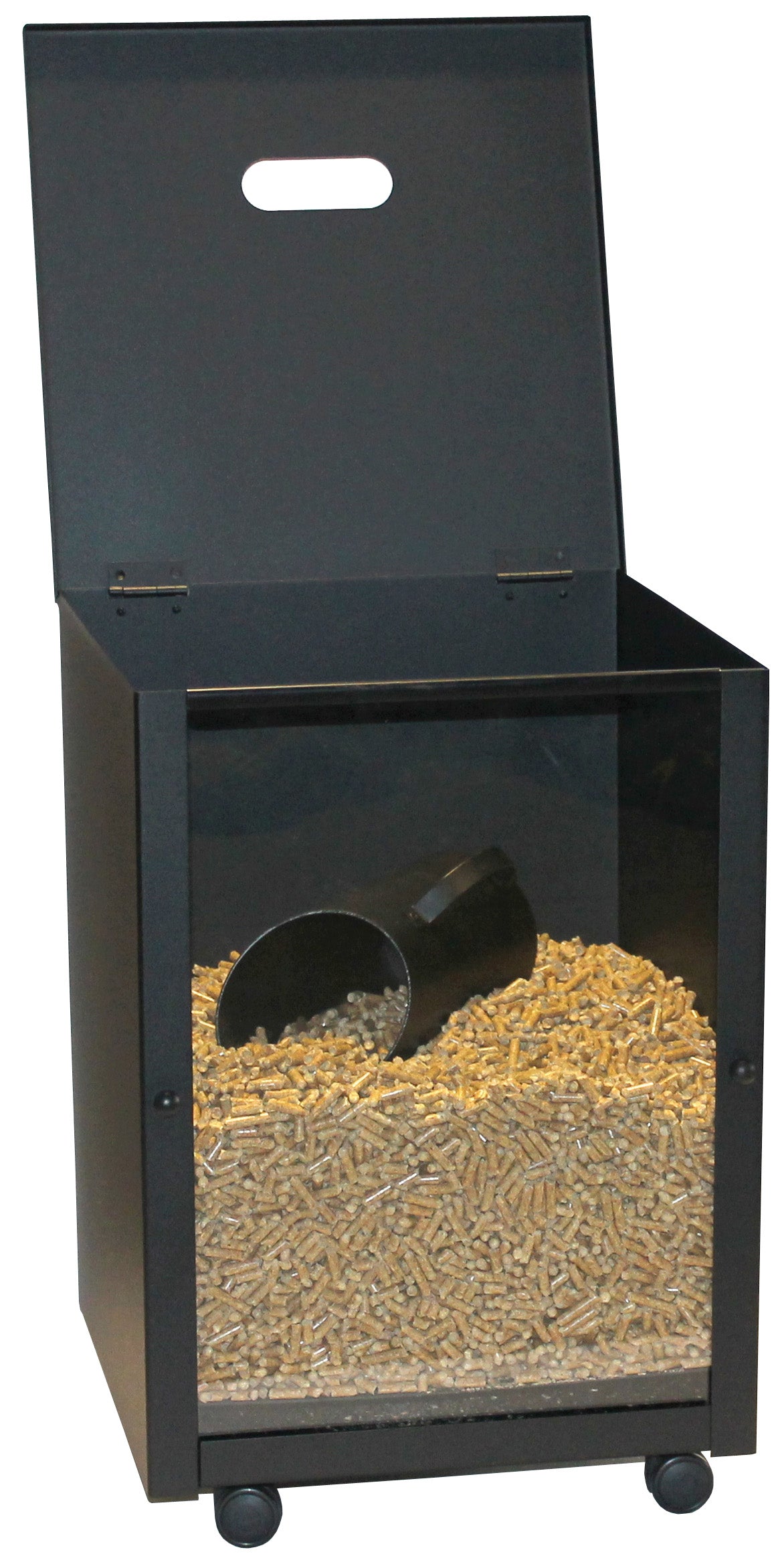 Pellet Box eckig, Front transparent, schwarz beschichtet 30 Kg exkl. Pellets
