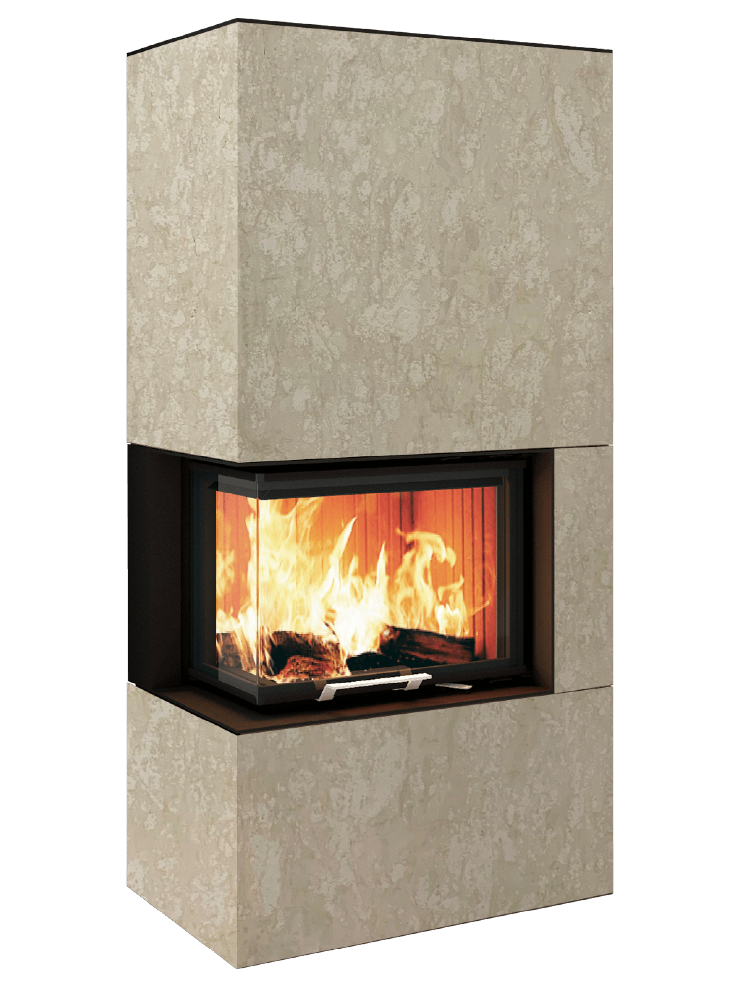 Neocube C20 - Naturstein Ober- und Unterteil Marrone Alba FF, Feuertisch links Nero Satin