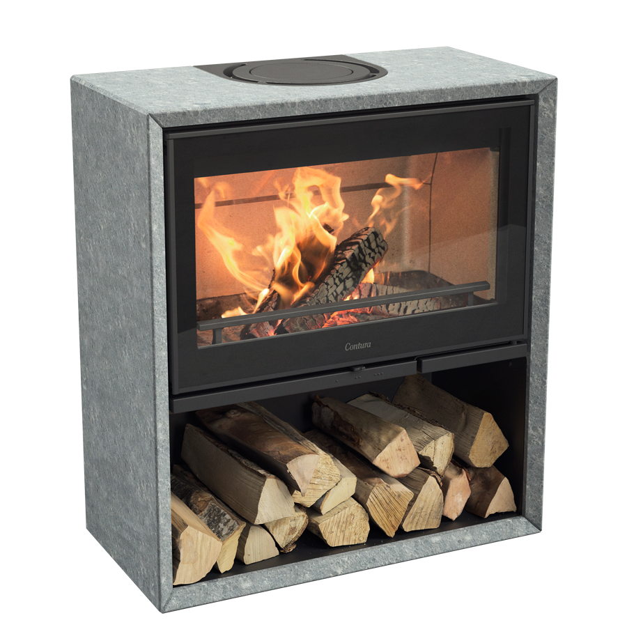Contura 320TG Speckstein, Korpus schwarz mit Glasfront