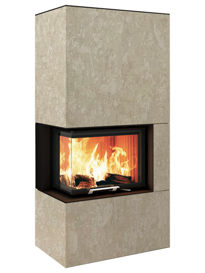 Neocube C20 - Naturstein Ober- und Unterteil Marrone Alba FF, Feuertisch links Nero Satin