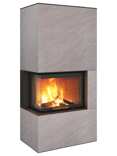 Neocube C20 - Naturstein Ober- und Unterteil Marrone Alba FF, Feuertisch links Nero Satin