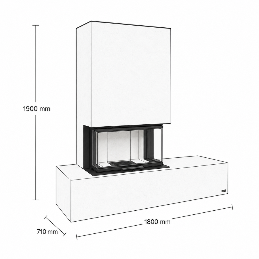 Masszeichnung neocube P21, Panoramaofen mit Ofenbank