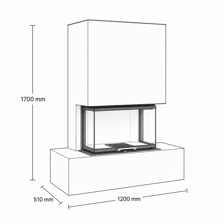 Masszeichnung Neocube P21 FLR - Keramik Oberteil New York FF, Unterteil Nero Zimbabwe, Bank mittig, Sockelblende